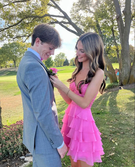 Hot Pink Sweetheart A-Line Layers Short Party Dresses Homecoming Dresses, D1307