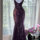 Gorgeous Purple Beaded Sequin V-neck Mermaid Elegant Chiffon Evening Dress Prom Dresses D1613