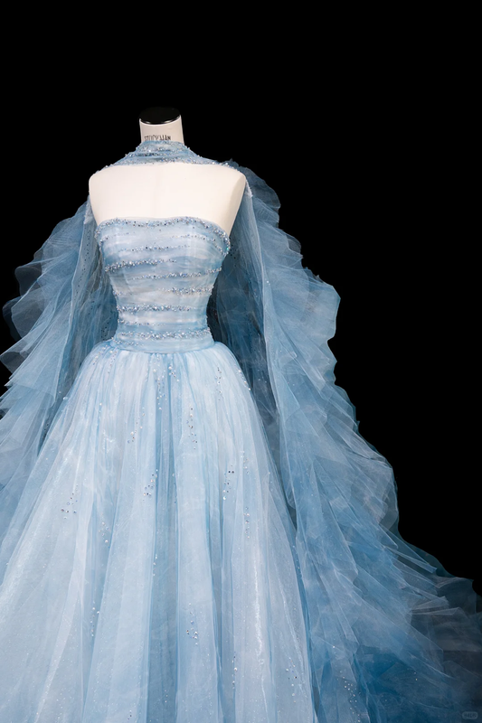 Gorgeous Blue Strapless A-Line Tulle Long Evening Dress Ball Gown Birthday Outfits, D814