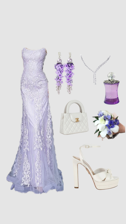 Robe de bal longue sirène en tulle lilas, bustier, avec appliques, D196