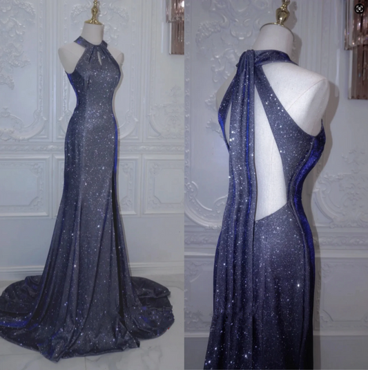 Robe de bal longue en satin bleu marine brillant, dos nu, style sirène, D197
