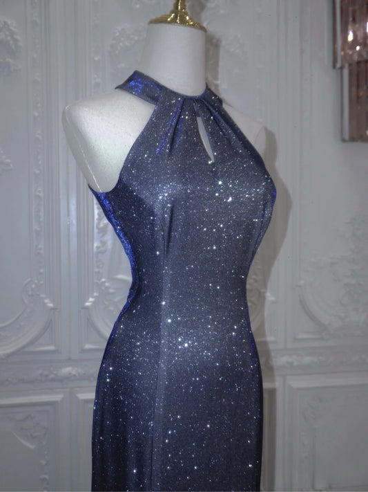 Robe de bal longue en satin bleu marine brillant, dos nu, style sirène, D197