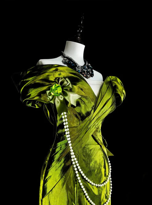 Bright Green Off Shoulder Mermaid Satin Vintage Long Evening Party Dress, D895