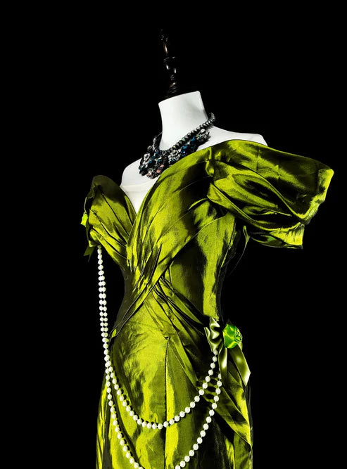 Bright Green Off Shoulder Mermaid Satin Vintage Long Evening Party Dress, D895