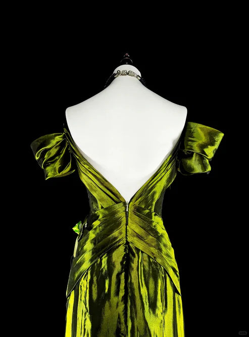Bright Green Off Shoulder Mermaid Satin Vintage Long Evening Party Dress, D895