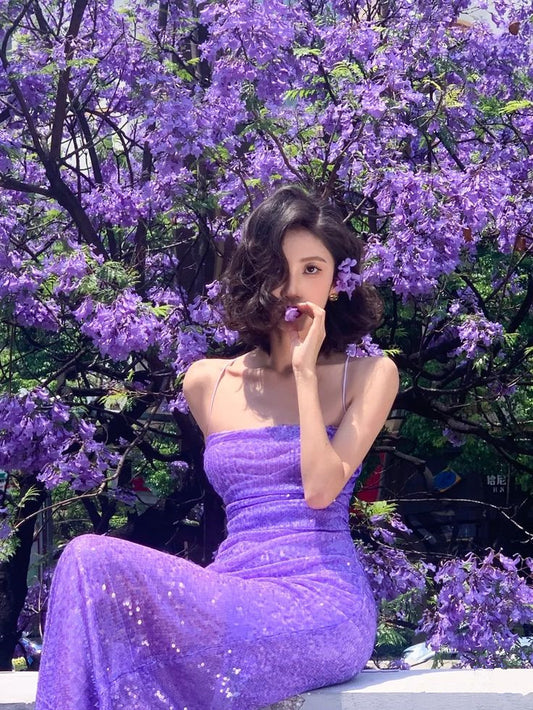 Robe de soirée longue sirène violette à bretelles spaghetti et paillettes, D200