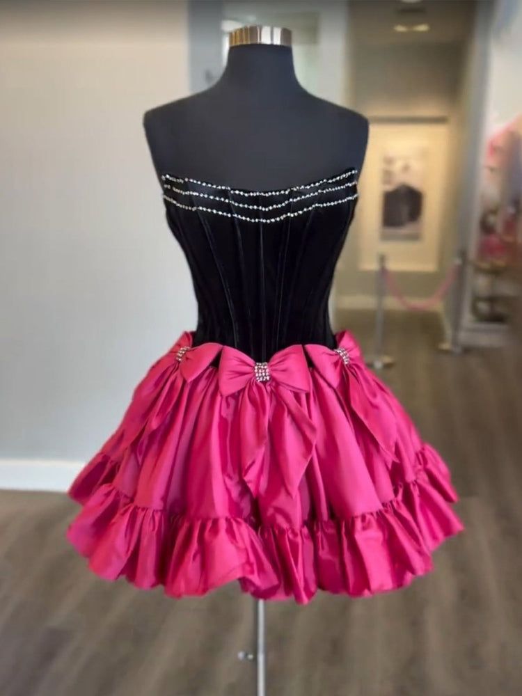 Beautiful Homecoming Dress Strapless Bowknot Rinestone Pleated Back to School Outfits Party Dress D7161