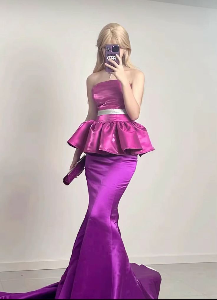 Unique Strapless Mermaid Satin Barbie Pink Long Evening Party Dress, D230