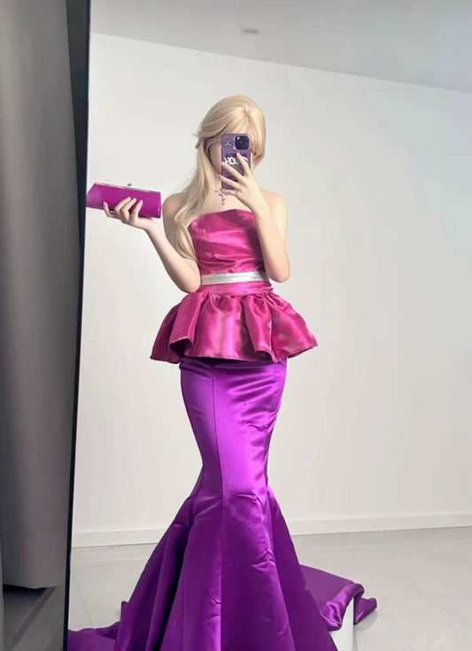Unique Strapless Mermaid Satin Barbie Pink Long Evening Party Dress, D230