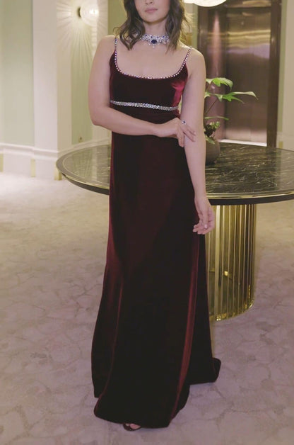 Burgundy Spaghetti Straps Sheath Velvet Long Formal Evening Party Dress, D231