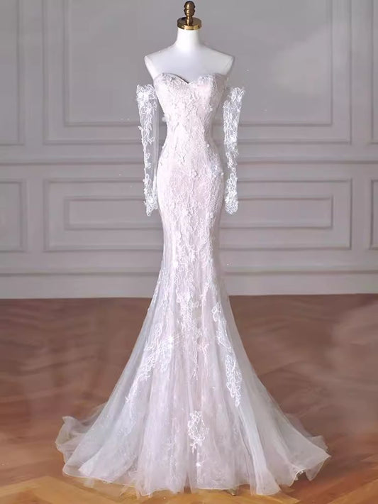 White Sweetheart Mermaid Lace Evening Party Dress Elegant Wedding Dress, D233