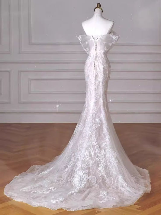 White Sweetheart Mermaid Lace Evening Party Dress Elegant Wedding Dress, D233