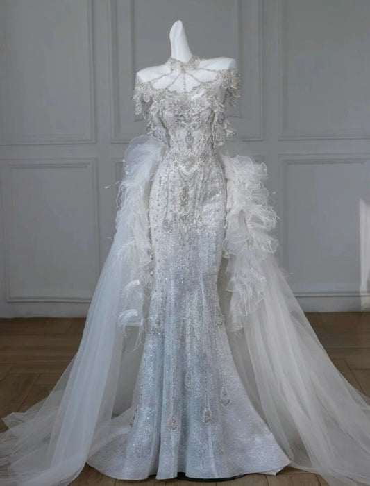 Gorgeous Beading Tulle Mermaid Long Evening Party Dress Wedding Dress, D238