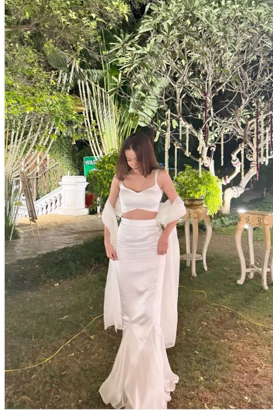 Robe fourreau blanche en satin, 2 pièces, longue, à bretelles, tenue de soirée, d'anniversaire, D252