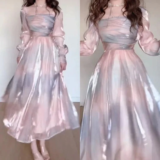 Robe de soirée élégante rose à encolure carrée et coupe trapèze, D262
