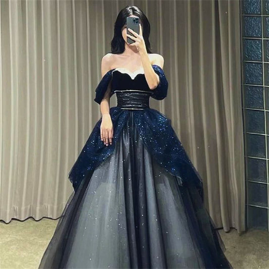 Robe de soirée longue bleu marine en tulle, épaules dénudées, coupe trapèze, D269