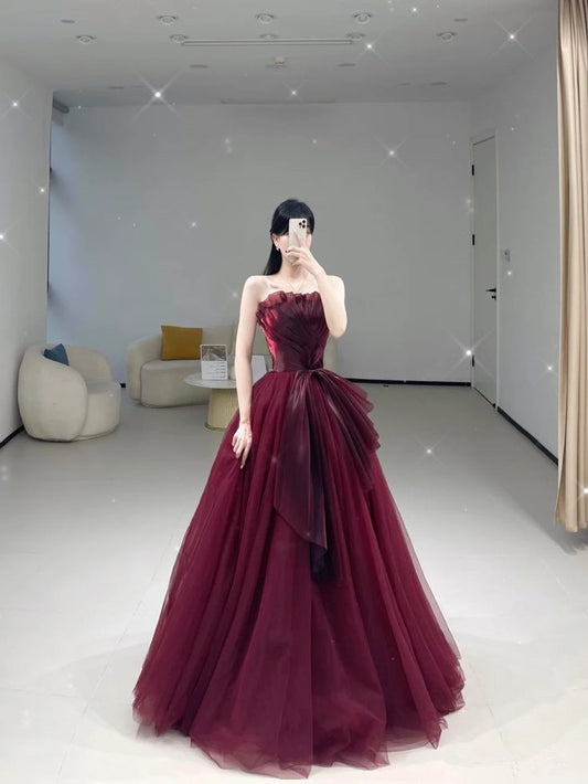 Burgunderrotes trägerloses A-Linien-Tüll-Abendkleid, lang, formelles Ballkleid, D270