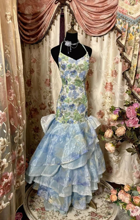 Blue Halter Blooming Mermaid Vintage Long Evening Party Dress, D279
