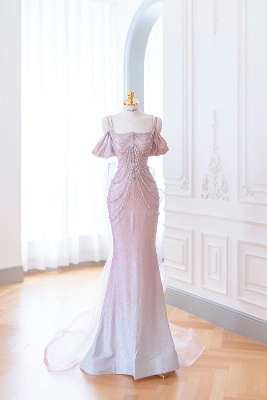 Robe de soirée longue sirène rose à bretelles et épaules dénudées, ornée de perles, D282