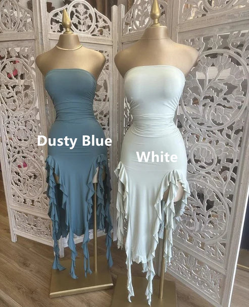 White Strapless Sheath Ruffles Long Party Dress Wedding Guest Dress, D286