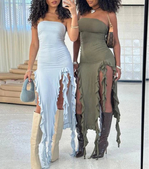 Light Blue Strapless Sheath Ruffles Long Party Dress Wedding Guest Dress, D287