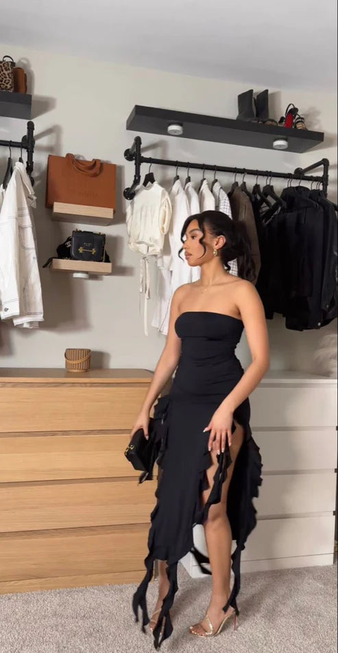 Black Strapless Sheath Ruffles Long Party Dress Wedding Guest Dress, D290