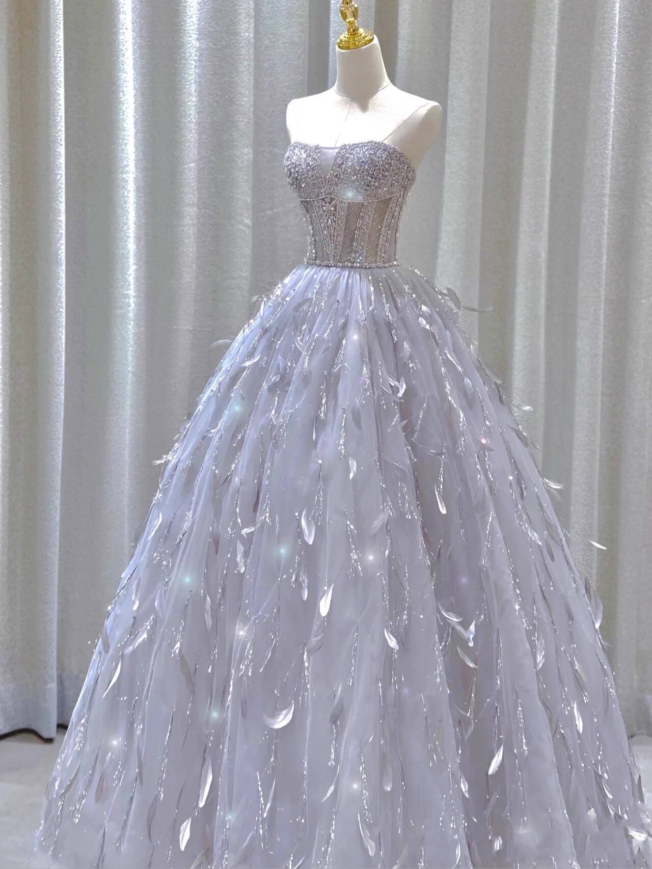 Stunning Strapless A-Line Tulle Long Prom Dress Evening Gown, MD7866