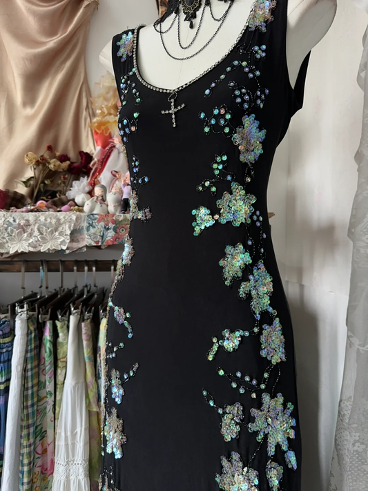 Black Sleeveless Beading Sequins Vintage Long Evening Party Dress, D319