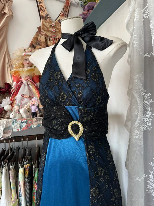 Blue Halter Lace Satin Sheath Vintage Long Prom Dress Formal Party Dress, D320