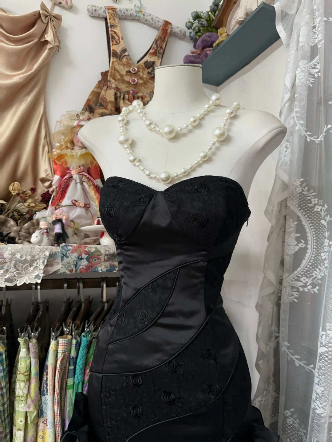 Black Strapless Ruffles Mermaid Vintage Long Prom Dress Formal Party Dress, D321