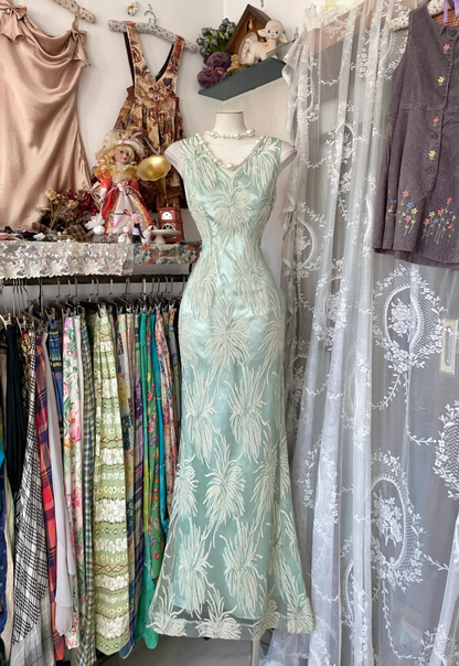 Sage Green V Neck Mermaid Sequins Vintage Long Prom Dress Formal Party Dress, D325
