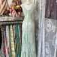 Sage Green V Neck Mermaid Sequins Vintage Long Prom Dress Formal Party Dress, D325