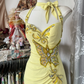 Yellow Halter Sequins Beading Vintage Long Prom Dress Formal Party Dress, D328