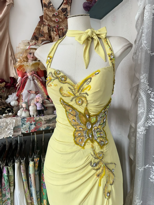 Yellow Halter Sequins Beading Vintage Long Prom Dress Formal Party Dress, D328
