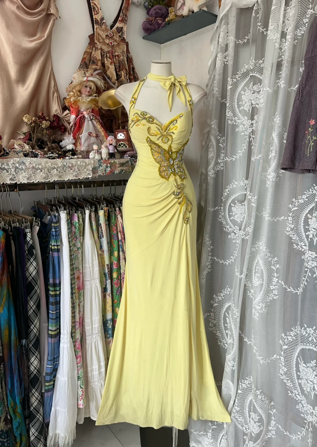 Yellow Halter Sequins Beading Vintage Long Prom Dress Formal Party Dress, D328