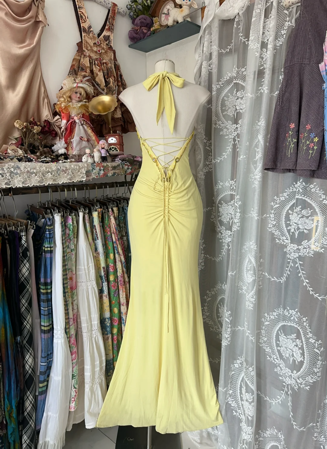 Yellow Halter Sequins Beading Vintage Long Prom Dress Formal Party Dress, D328