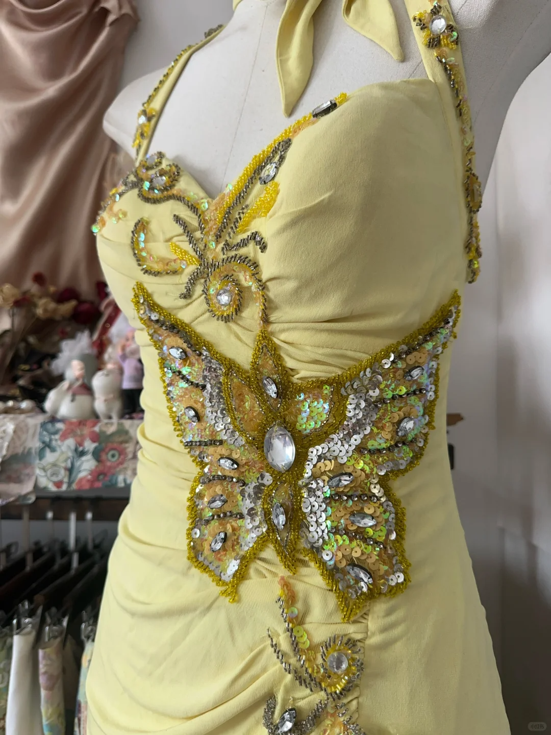 Yellow Halter Sequins Beading Vintage Long Prom Dress Formal Party Dress, D328