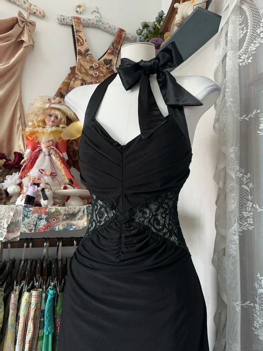Black Halter Neck Lace Mermaid Vintage Long Formal Party Dress, D332