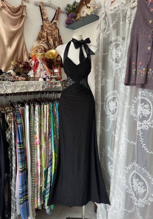 Black Halter Neck Lace Mermaid Vintage Long Formal Party Dress, D332