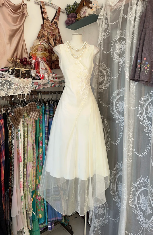 Light Ivory V Neck Sleeveless A-Line Vintage Long Evening Party Dress, D334