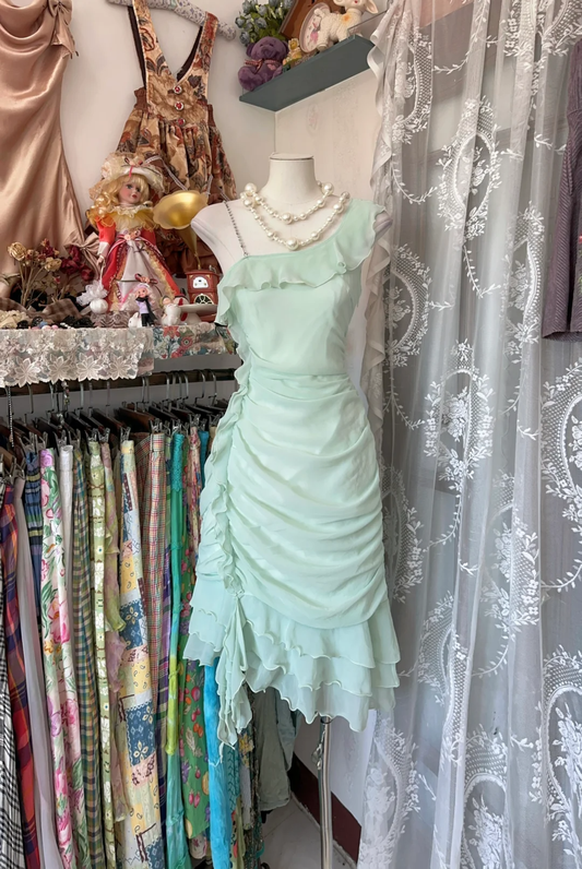 Sage Green Chiffon Ruffles Midi Length Vintage Party Dress Cocktail Dress, D336