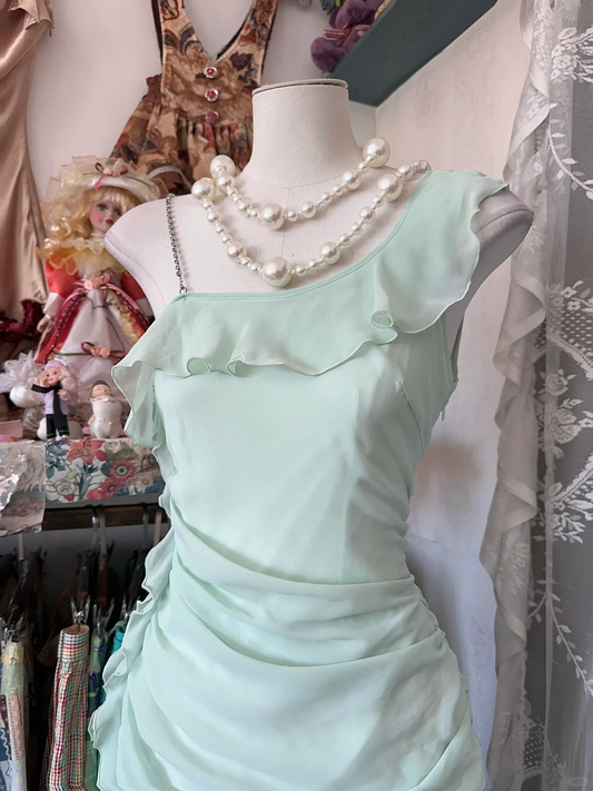 Sage Green Chiffon Ruffles Midi Length Vintage Party Dress Cocktail Dress, D336