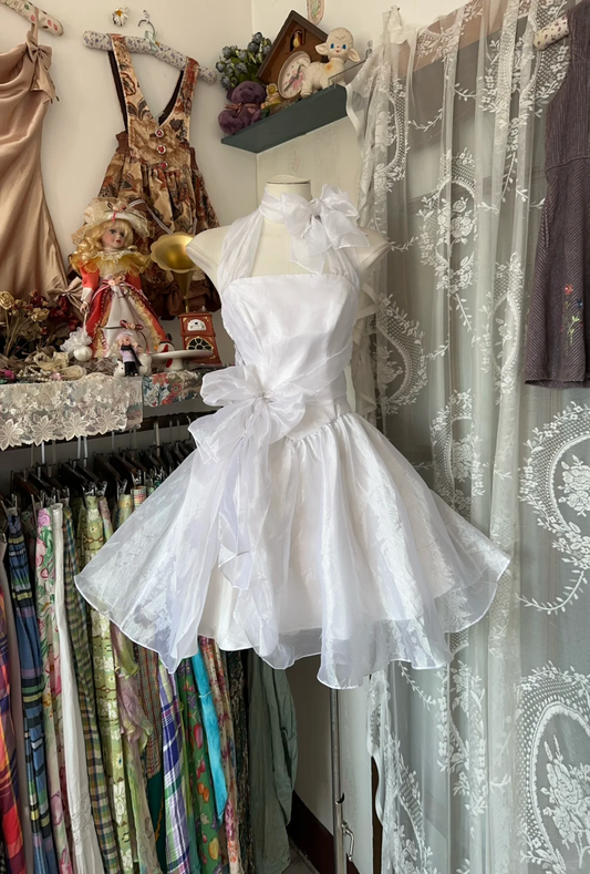 White Halter A-Line Chiffon Vintage Short Party Dress Homecoming Dress, D339