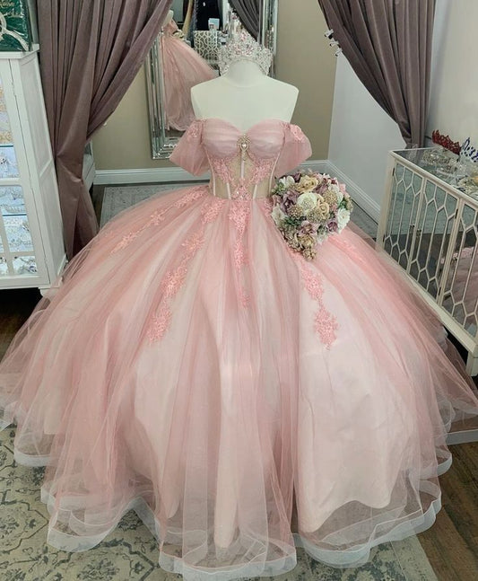 Pink Off Shoulder A-Line Tulle Sweet 16 Birthday Ball Gown Quinceanera Dress, D352