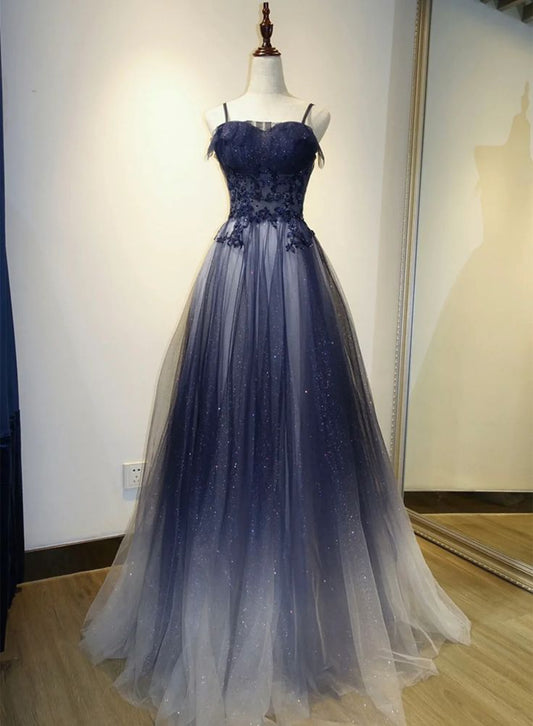 Navy Blue Spaghetti Strapsless A-Line Tulle Ombre Long Formal Prom Dress, D353