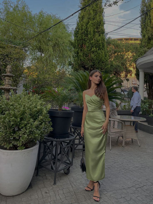 Green Spaghetti Straps Sheath Satin Long Party Dress Wedding Guest Dress, D354
