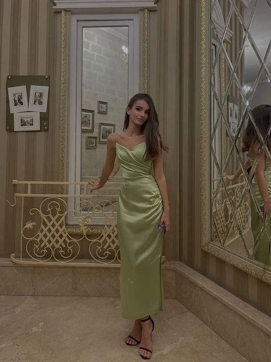 Green Spaghetti Straps Sheath Satin Long Party Dress Wedding Guest Dress, D354