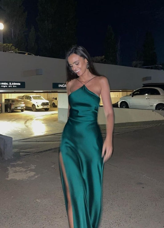 Green Straps Sheath Satin Split Long Party Dress Wedding Guest Dress, D361