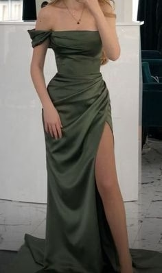 Olive Green Off Shoulder Sheath Satin Long Prom Dress Evening Party Dress, D367