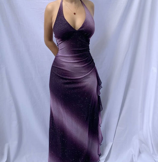 Purple Gradient Halter Sheath Chiffon Long Party Dress Vintage Evening Dress, D369